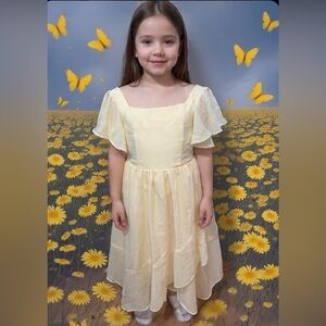 #613 Girl Light Yellow Chiffon Flowy Ruffle Dress-4Y
